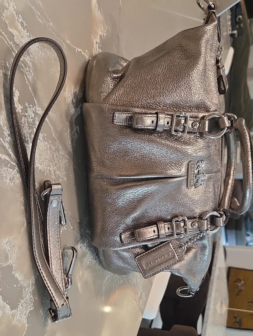 Coach Metallic Pewter Leather Shoulder Bag with Buckle Accents